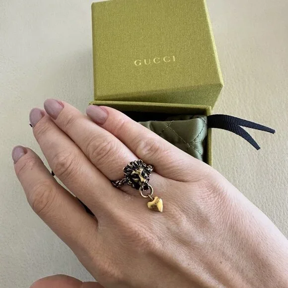 NEW Gucci Ring Lion Head Heart Gold Tone Metal Sz S - Picture 5 of 8